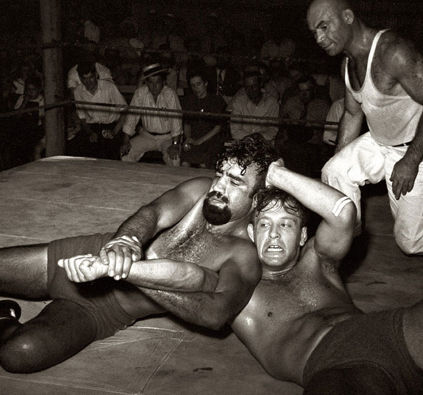 An old-time wrestling match